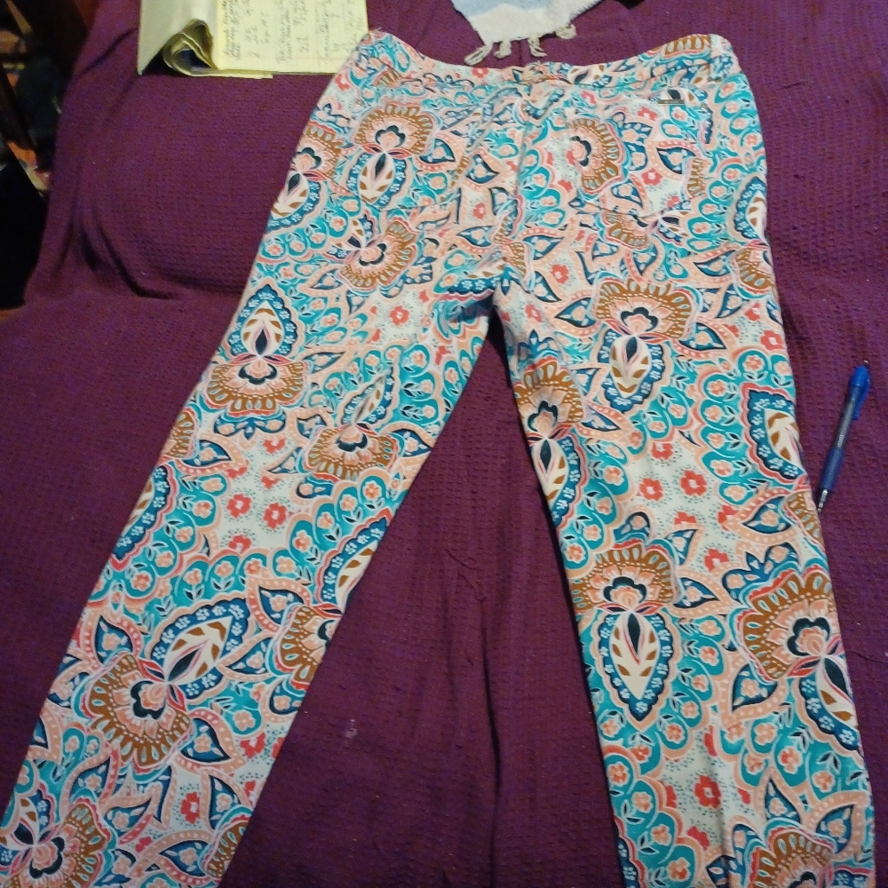 Chicos cute salmon and turquoise fun ankle pants